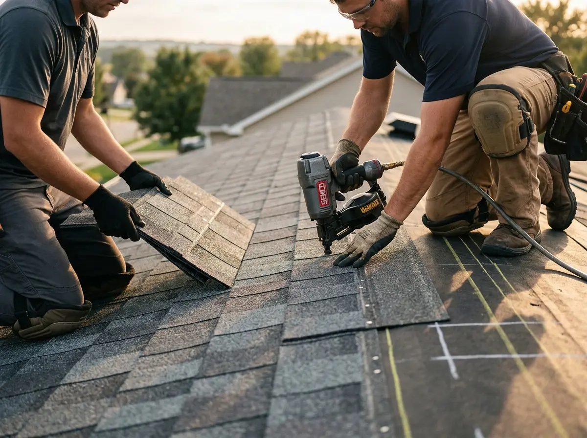 Professional roofer working on a residential roof in Middlebury